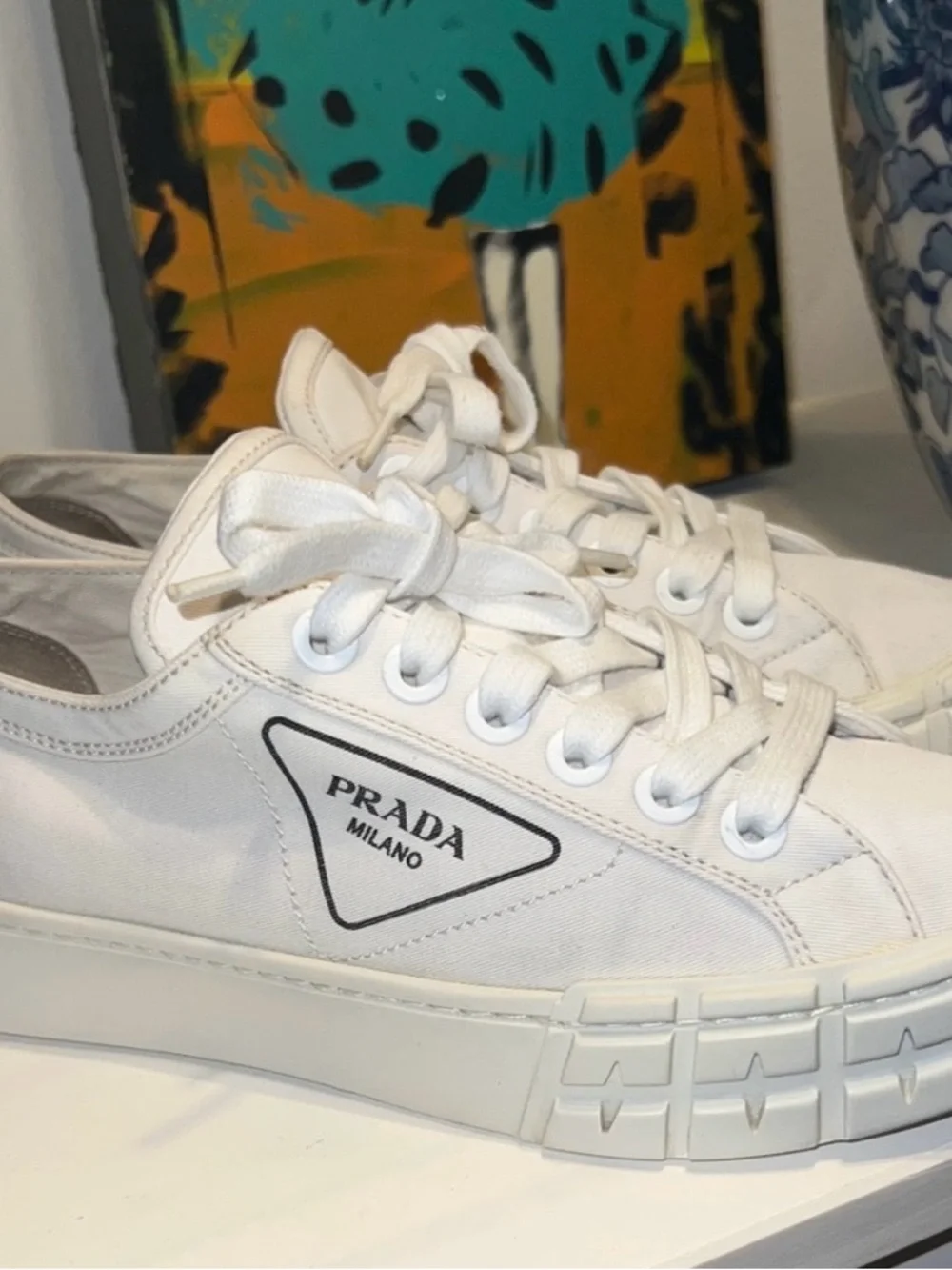Prada Wheel Gabardine White Canvas Low-Top Sneakers with Logo Heel sz 37 1/2 - Picture 3 of 12